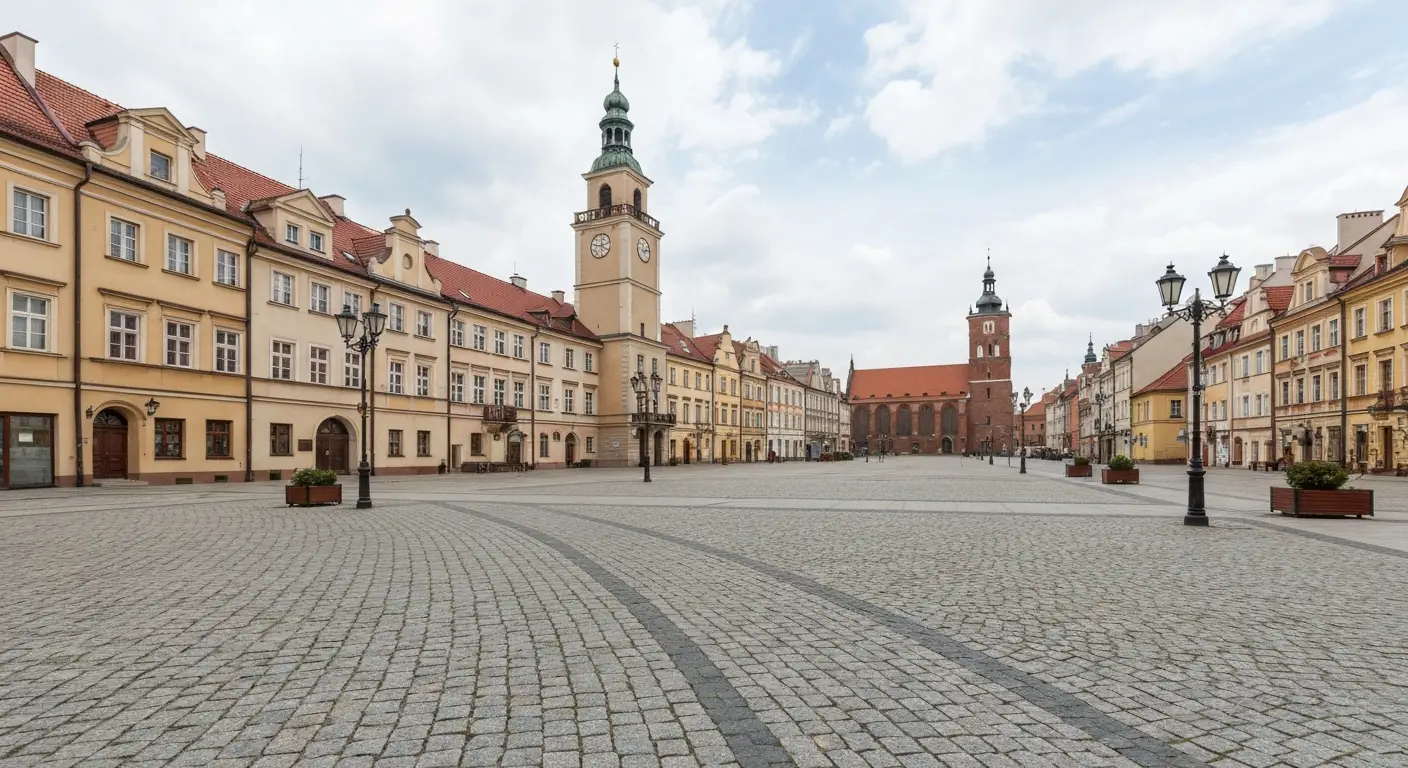 Rynek w Radomiu z klasycystycznym ratuszem, wieza zegarowa i kamienicami Starego Miasta o poranku