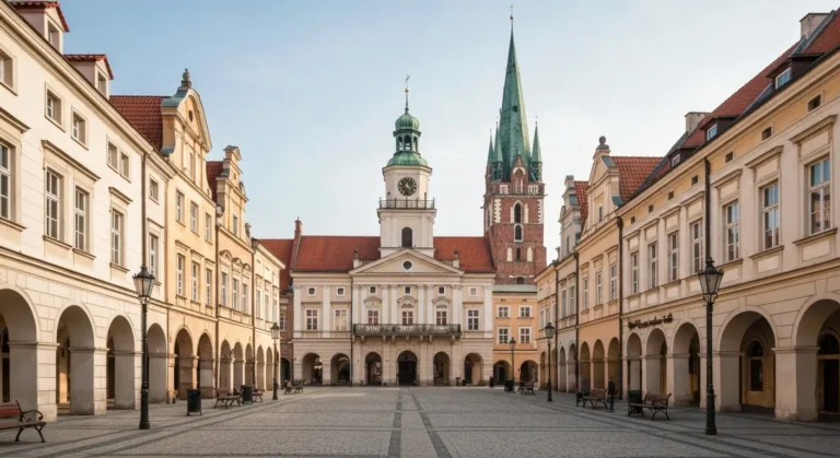 Rynek w Radomiu z ratuszem, zabytkowymi kamienicami i wieza kosciola w tle