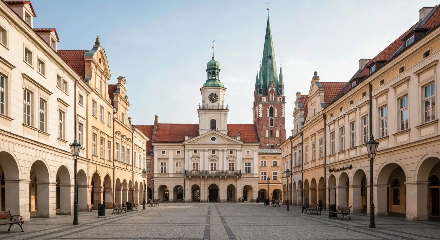 Rynek w Radomiu z ratuszem, zabytkowymi kamienicami i wieza kosciola w tle