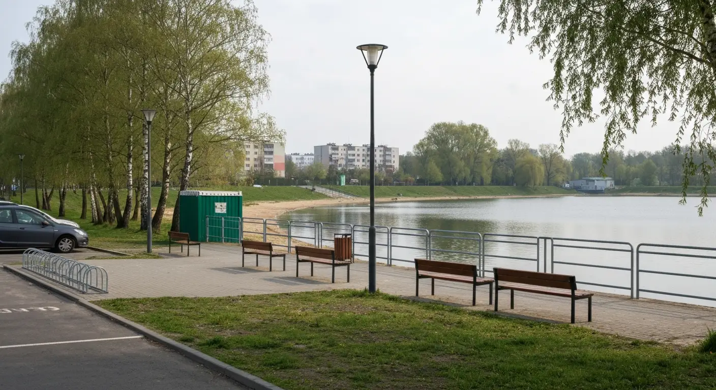 Zalew Borki w Radomiu - promenada nad woda, lawki, parking i kabina sanitarna wsrod drzew