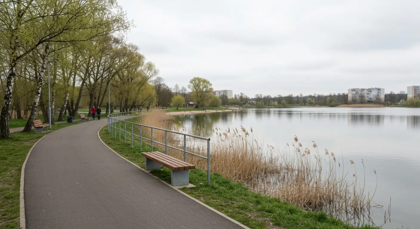 Asfaltowa sciezka spacerowa nad Zalewem Borki w Radomiu z lawka, trzcinami i drzewami przy brzegu