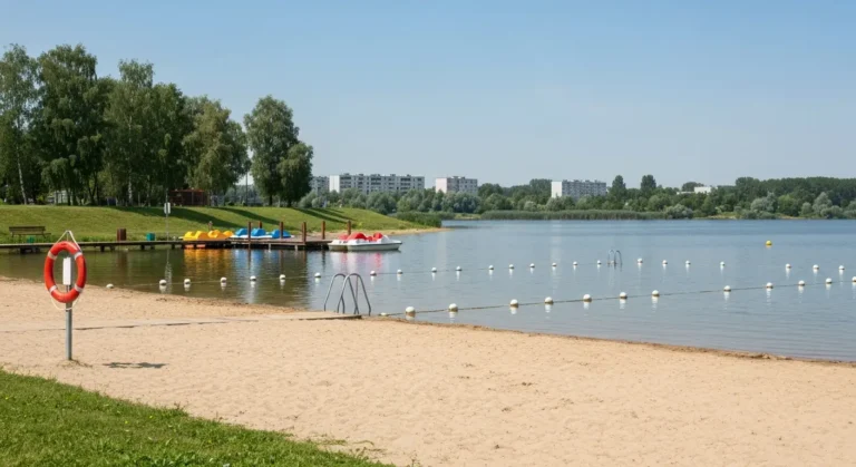 Piaszczysta plaza i strefa kapielowa nad Zalewem Borki w Radomiu z pomostem, bojami i kolem ratunkowym w letni dzien