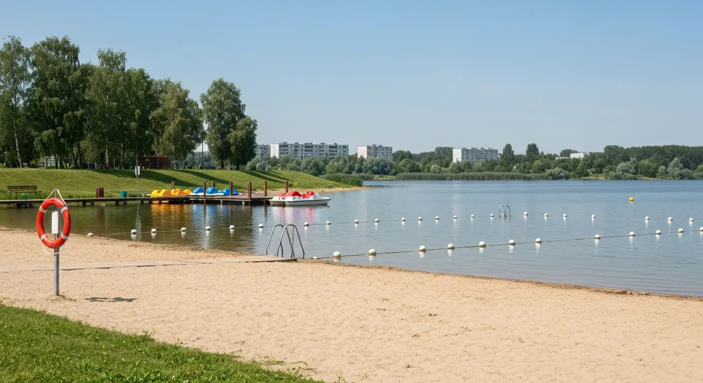 Piaszczysta plaza i strefa kapielowa nad Zalewem Borki w Radomiu z pomostem, bojami i kolem ratunkowym w letni dzien