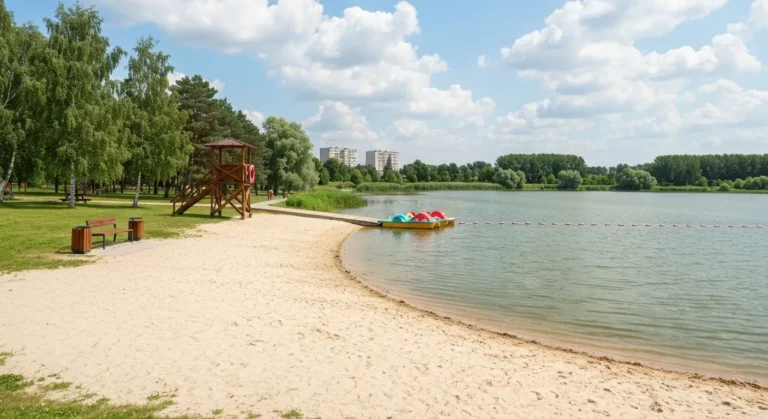 Piaszczysta plaza i kapielisko nad Zalewem Borki w Radomiu w letni dzien, w tle promenada i drzewa