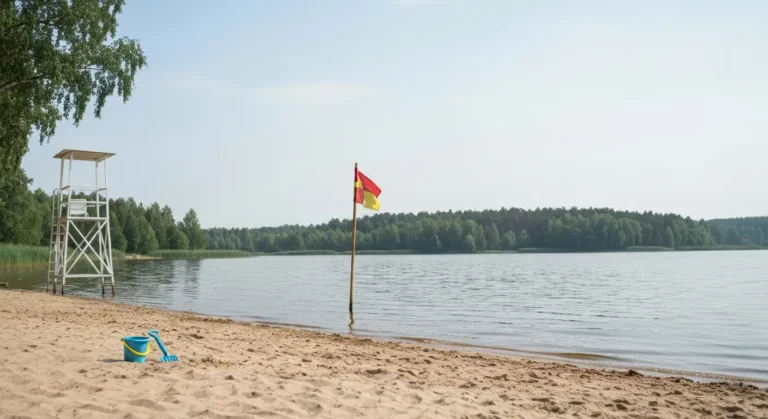 Piaszczysta plaza nad Zalewem Borki w Radomiu z wiaderkiem dziecka, flaga ratownicza i wieza ratownikow nad woda