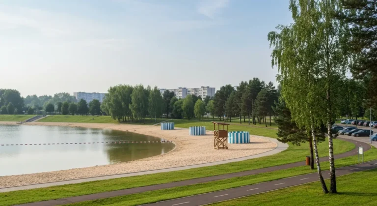 Zalew na Borkach w Radomiu - piaszczysta plaza, boje wyznaczajace strefe kapieli, wieza ratownika i promenada wzdluz brz